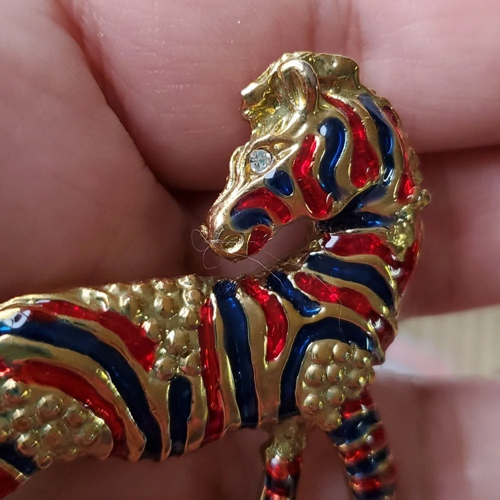 Vintage Goldtone Zebra Brooch Pin with Enamel and Rhinestone Detail